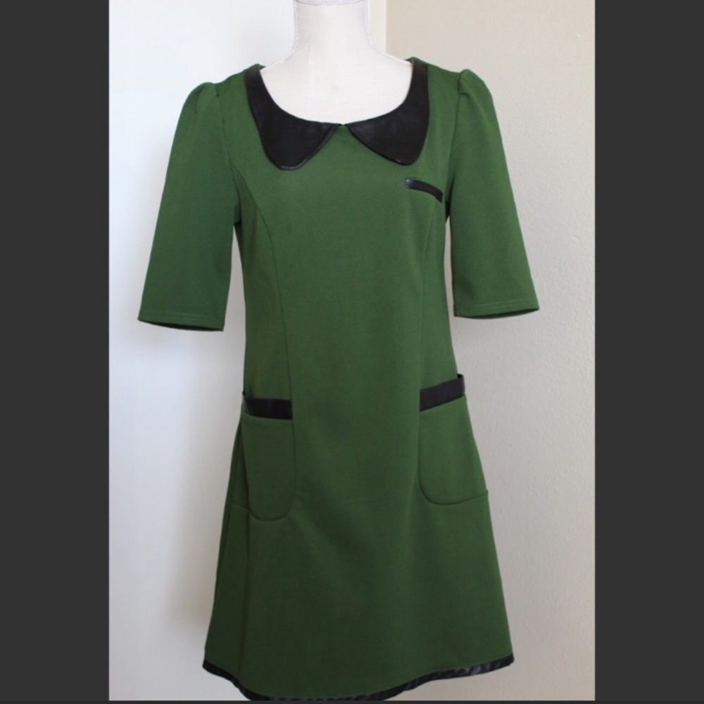 Mod Green & Black Leather Peter Pan Collar Dress